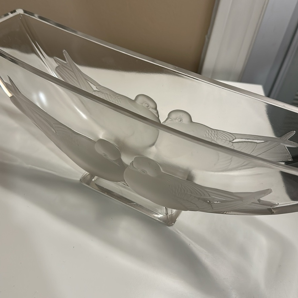 Verlys Console Bowl Boat Shape French 30S ARTDECO FROSTED GLASS BIRD DOVE SIGNED - Picture 5 of 12